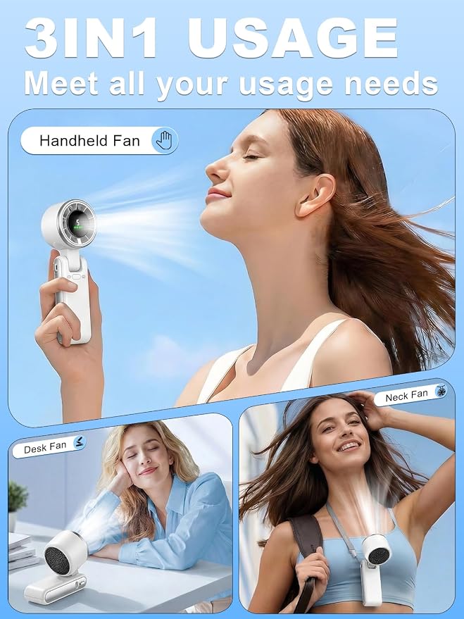 Portable Handheld Turbo Fan, 5 Gear Wind, Battery Operated, Up to 13 Working Hours Rechargeable Fan, 3 IN 1 Hand Fans with