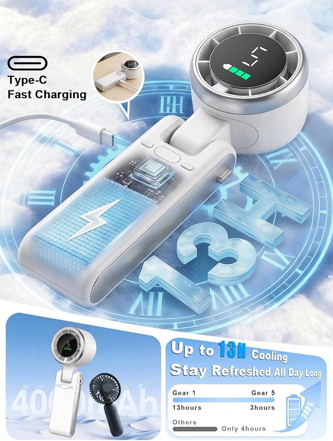 Portable Handheld Turbo Fan, 5 Gear Wind, Battery Operated, Up to 13 Working Hours Rechargeable Fan, 3 IN 1 Hand Fans with