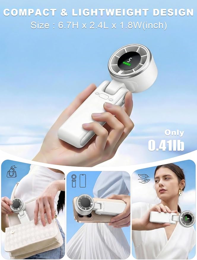 Portable Handheld Turbo Fan, 5 Gear Wind, Battery Operated, Up to 13 Working Hours Rechargeable Fan, 3 IN 1 Hand Fans with