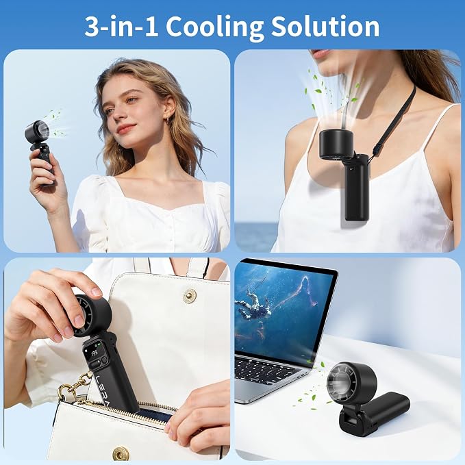 Portable Handheld Turbo Fan, 5-Speed High Power Mini Fan, 4000mAh Rechargeable Battery Operated, 3-in-1 Foldable Personal Fan