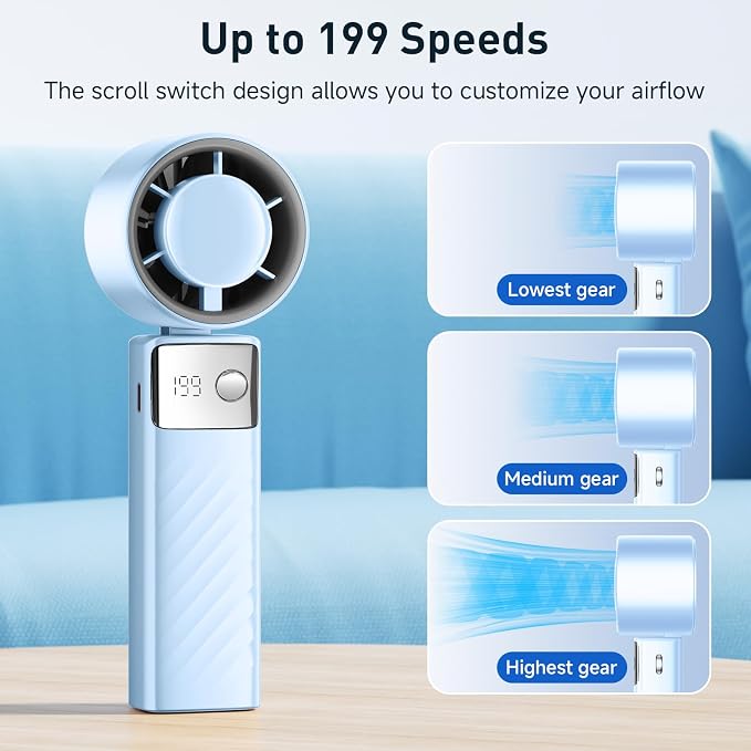 Portable Handheld Turbo Fan - Foldable Mini Fan with Air Turbo Tech, 1-199 Speed Adjustment, 20H Runtime, LED Display