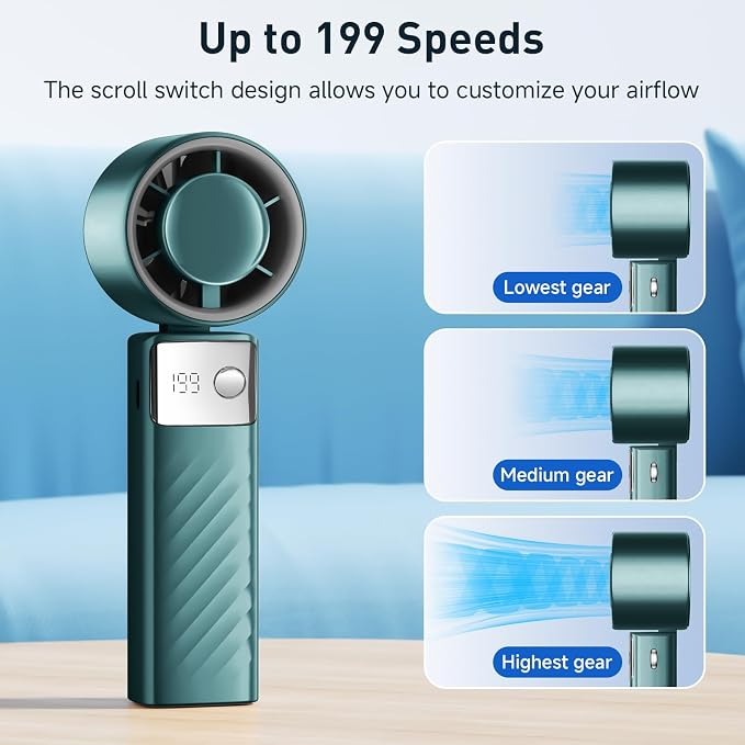 Portable Handheld Turbo Fan - Foldable Mini Fan with Air Turbo Tech, 1-199 Speed Adjustment, 20H Runtime, LED Display