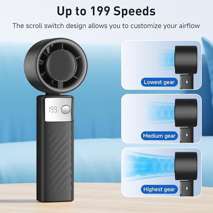 Portable Handheld Turbo Fan - Foldable Mini Fan with Air Turbo Tech, 1-199 Speed Adjustment, 20H Runtime, LED Display