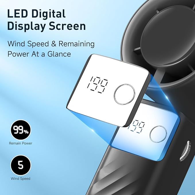 Portable Handheld Turbo Fan - Foldable Mini Fan with Air Turbo Tech, 1-199 Speed Adjustment, 20H Runtime, LED Display