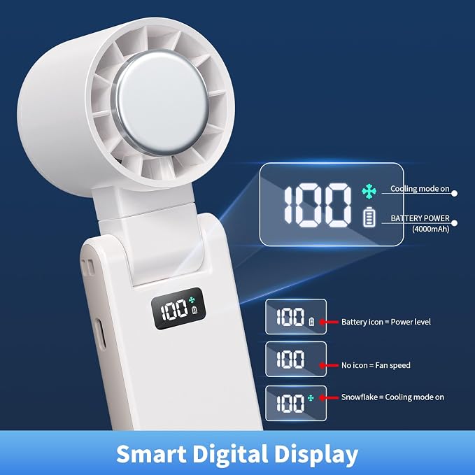 Portable Handheld Turbo Fan with Cooling Tech, Digital Display, 100-Speed Control, Rechargeable 4-in-1 Personal Fan for
