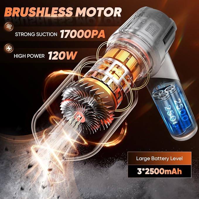 Portable Handheld Vacuum Cordless Portable 17000PA Foldable Car Vacuum Cleaner Mini Dust Blower with Brushless Motor for
