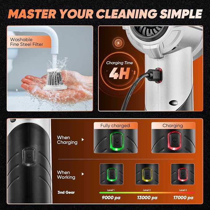 Portable Handheld Vacuum Cordless Portable 17000PA Foldable Car Vacuum Cleaner Mini Dust Blower with Brushless Motor for