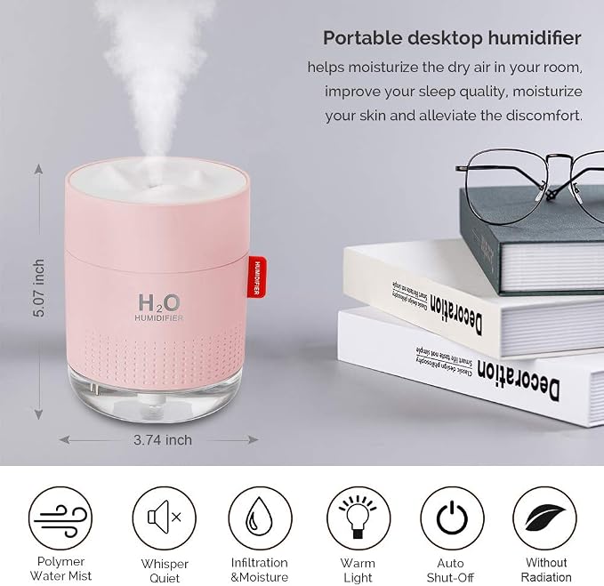 Portable Mini Cool Mist Humidifier, 500ml USB Personal Desktop Humidifier for Baby Bedroom, Travel, Office, Home - Auto