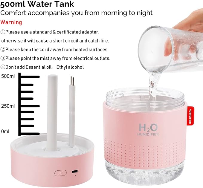 Portable Mini Cool Mist Humidifier, 500ml USB Personal Desktop Humidifier for Baby Bedroom, Travel, Office, Home - Auto