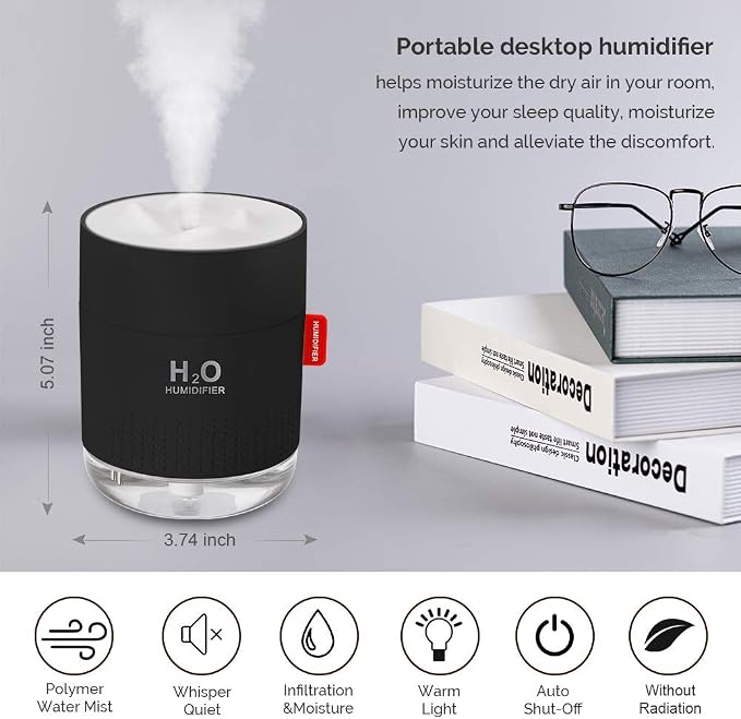 Portable Mini Cool Mist Humidifier, 500ml USB Personal Desktop Humidifier for Baby Bedroom Travel Office Home, Auto Shut-Off