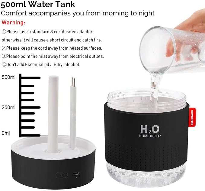 Portable Mini Cool Mist Humidifier, 500ml USB Personal Desktop Humidifier for Baby Bedroom Travel Office Home, Auto Shut-Off