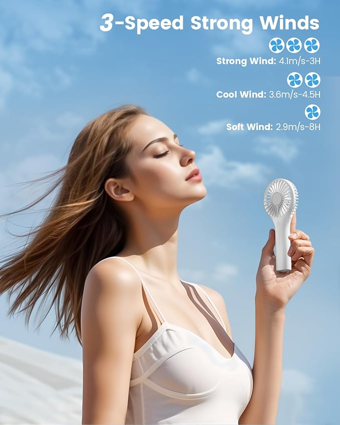 Portable Mini Fan - Powerful Personal Handheld Fan with 3 Speeds, Cute and Small, USB Rechargeable for