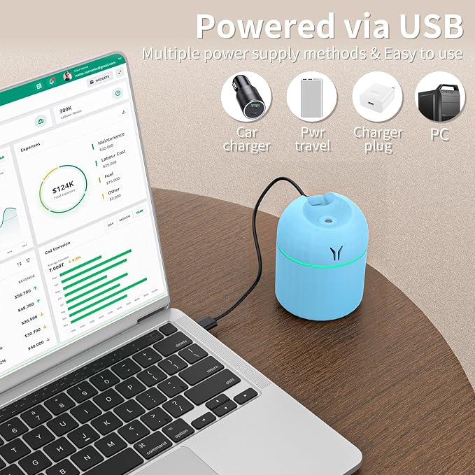 Portable Mini Humidifier, 250ML Small Humidifier, 3-in-1 Colorful Mini Humidifier + Night Light + Car Humidifier, alternate
