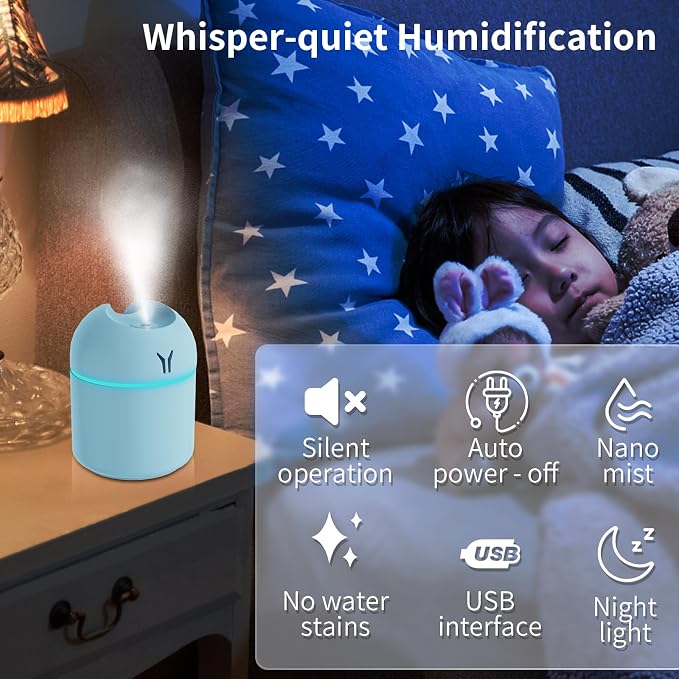 Portable Mini Humidifier, 250ML Small Humidifier, 3-in-1 Colorful Mini Humidifier + Night Light + Car Humidifier, alternate