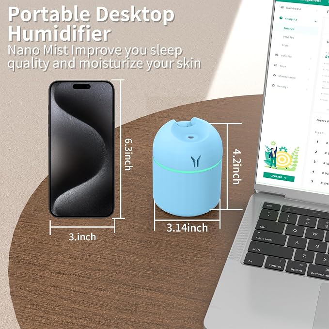 Portable Mini Humidifier, 250ML Small Humidifier, 3-in-1 Colorful Mini Humidifier + Night Light + Car Humidifier, alternate
