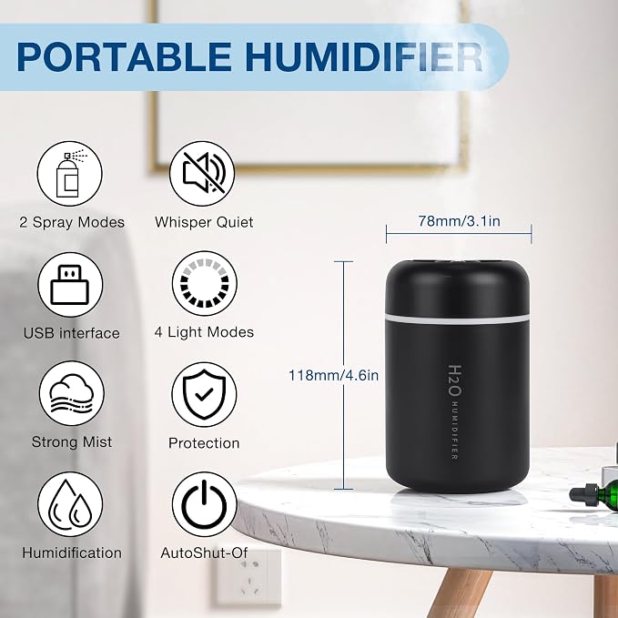 Portable Mini Humidifier, 300ml USB Cool Mist Small Humidifier with Colorful Lights., alternate product view 2