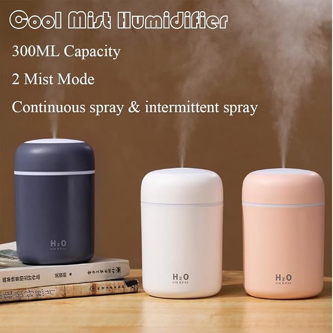 Portable Mini Humidifier, 300ml with Colorful LED Night Light, USB Personal Desktop Humidifier for Car Office Home Travel