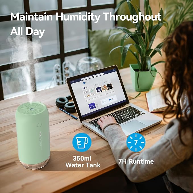 Portable Mini Humidifier, 350ml Small Cool Mist Humidifier, USB Personal Desktop Humidifiers for Bedroom Car Office Travel