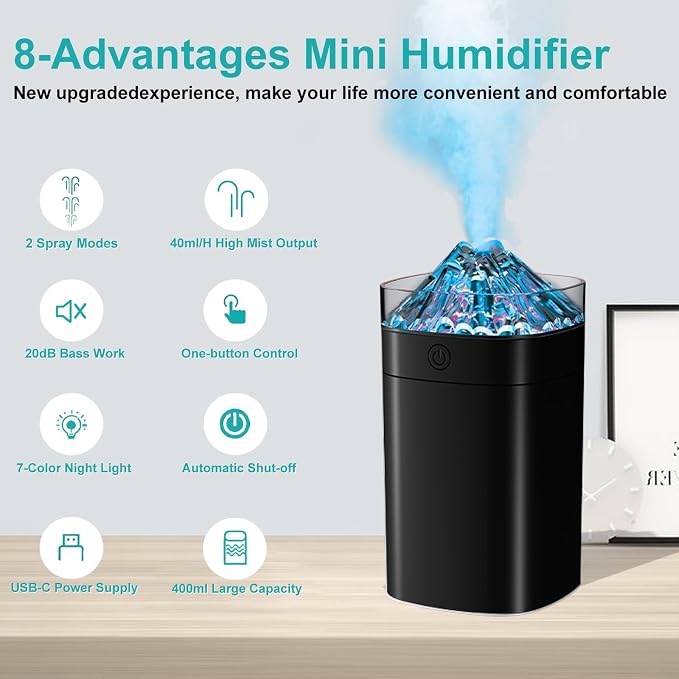 Portable Mini Humidifier, 400ml Small Humidifier with 2 Modes Large Spray, USB Personal Desktop Humidifiers for Home Bedroom