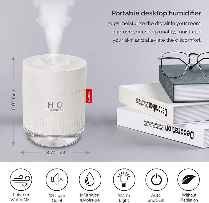 Portable Mini Humidifier, 500ml Small Cool Mist Humidifier, USB Personal Desktop Humidifiers for Baby Bedroom Travel Office