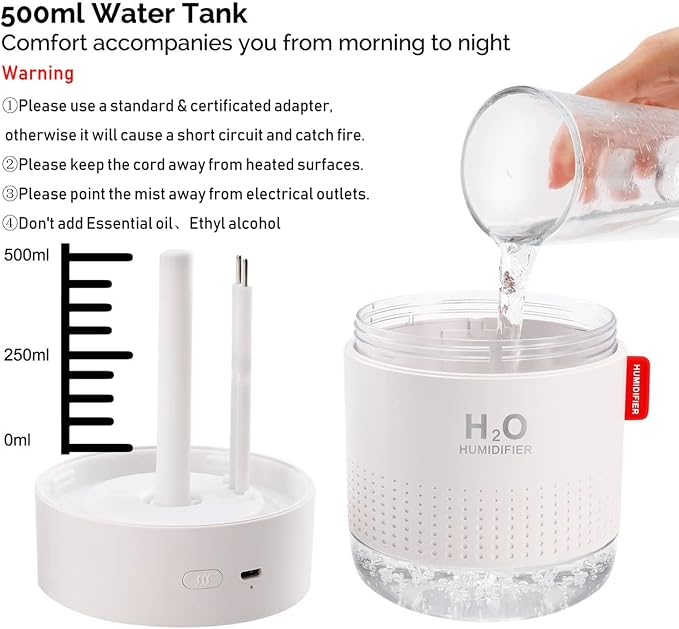 Portable Mini Humidifier, 500ml Small Cool Mist Humidifier, USB Personal Desktop Humidifiers for Baby Bedroom Travel Office