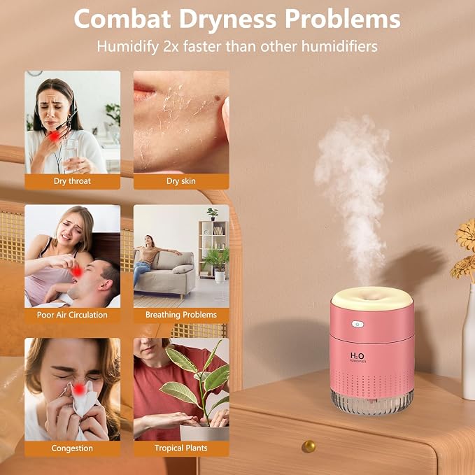 Portable Mini Humidifier, Auto Shut-Off, 2 Mist Modes, Quite, Small Humidifiers for Bedroom Travel Office Desk Plants (Pink)