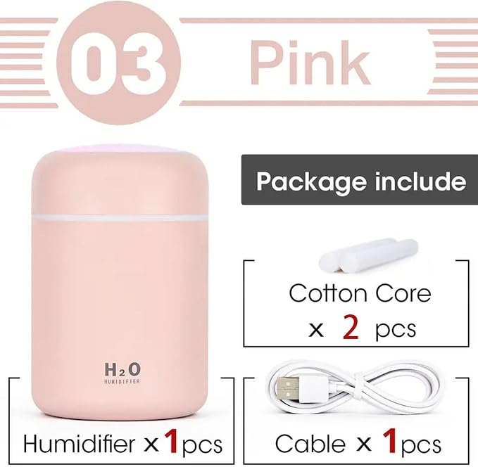 Portable Mini Humidifier, Colorful, Cool Mist, USB Powered. Perfect for Bedroom, Office & Car (300ml, Pink), alternate