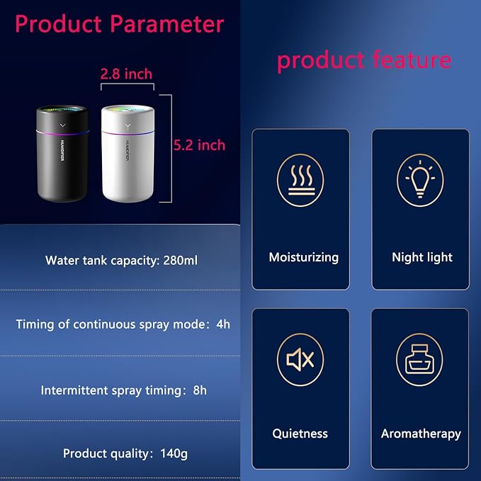Portable Mini Humidifier, Colorful, Cool Mist, USB Powered. Perfect for Bedroom, Office & Car (Black), alternate product view