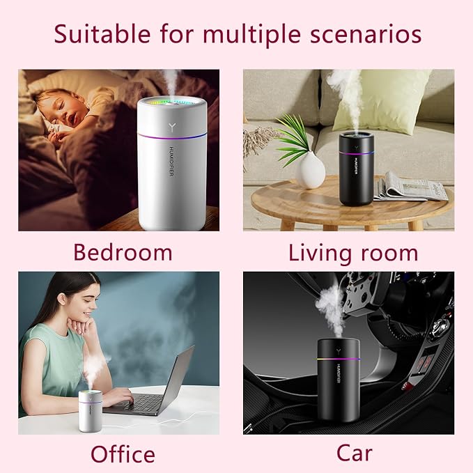 Portable Mini Humidifier, Colorful, Cool Mist, USB Powered. Perfect for Bedroom, Office & Car (Black), alternate product view