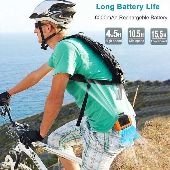 Portable Mini Waist Fan Rechargeable with 23H Working Time, 6200 RPM Strong Airflow, 3 Speed Levels, Belt Shirt Fan Clip on
