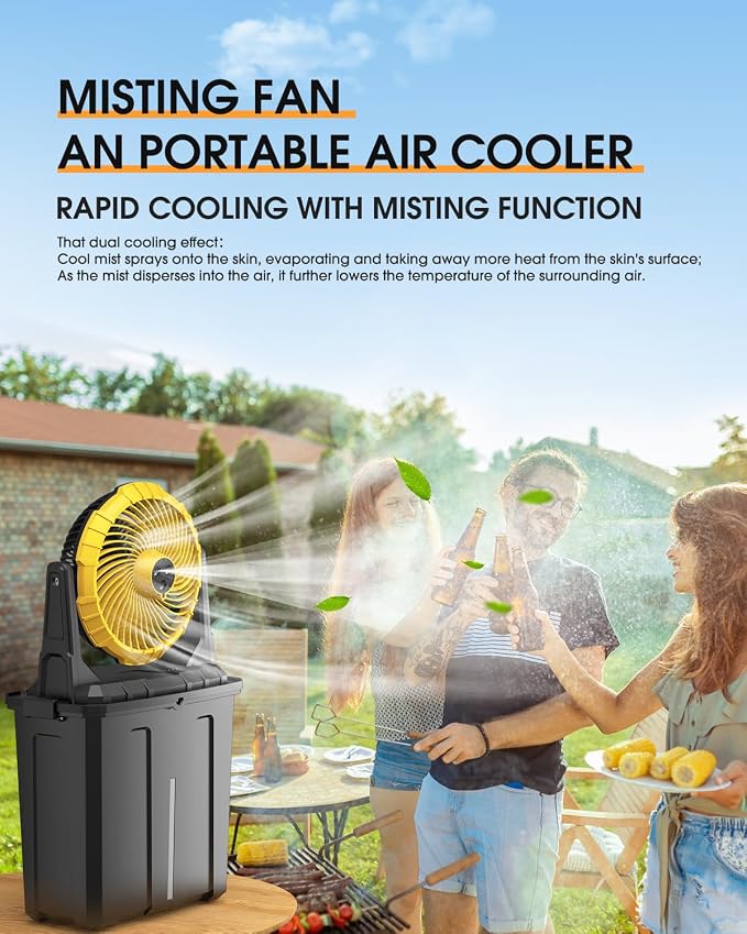 Portable Misting Fan - 9L Bucket, 10-inch Outdoor Cooling Fans for Patios/Camping/Beach/Golf etc., 30000mAh USB Rechargeable