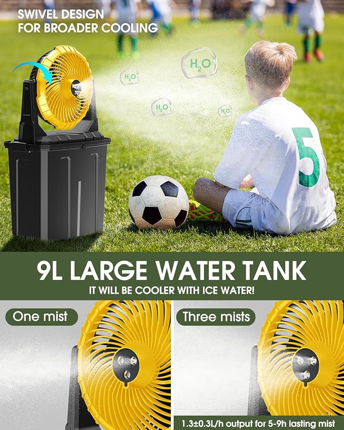 Portable Misting Fan - 9L Bucket, 10-inch Outdoor Cooling Fans for Patios/Camping/Beach/Golf etc., 30000mAh USB Rechargeable