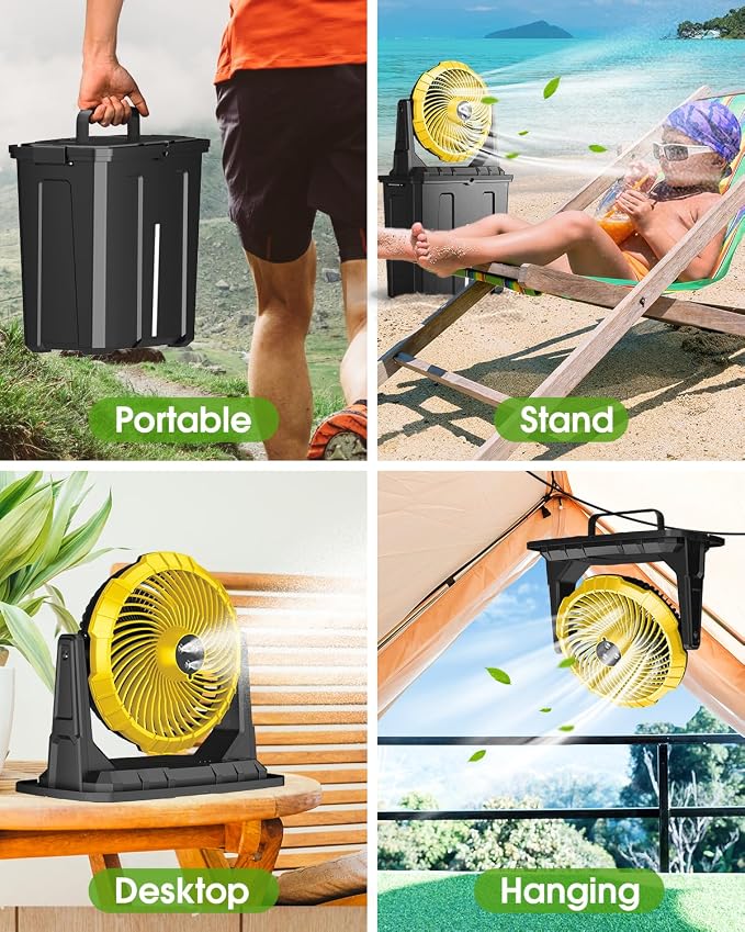 Portable Misting Fan - 9L Bucket, 10-inch Outdoor Cooling Fans for Patios/Camping/Beach/Golf etc., 30000mAh USB Rechargeable