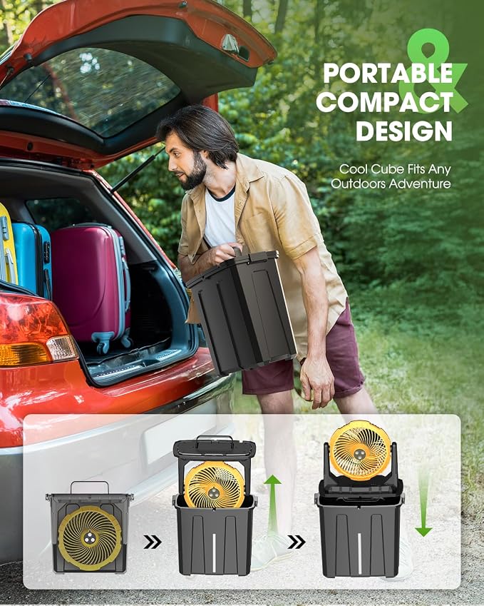 Portable Misting Fan - 9L Bucket, 10-inch Outdoor Cooling Fans for Patios/Camping/Beach/Golf etc., 30000mAh USB Rechargeable