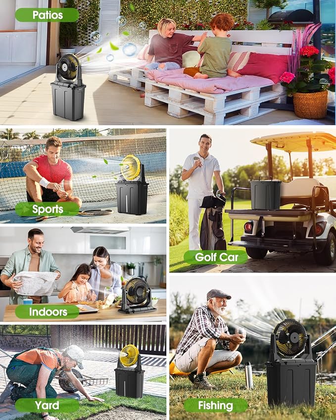 Portable Misting Fan - 9L Bucket, 10-inch Outdoor Cooling Fans for Patios/Camping/Beach/Golf etc., 30000mAh USB Rechargeable