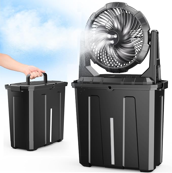 Portable Misting Fan - 9L Bucket, 10-inch Outdoor Fans for Patios/Camping/Beach/Golf etc., 20000mAh USB Rechargeable Battery