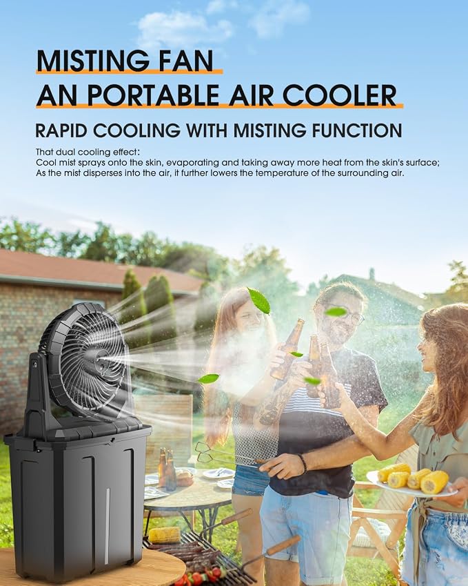 Portable Misting Fan - 9L Bucket, 10-inch Outdoor Fans for Patios/Camping/Beach/Golf etc., 20000mAh USB Rechargeable Battery