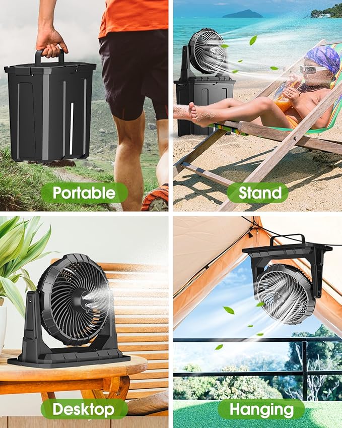Portable Misting Fan - 9L Bucket, 10-inch Outdoor Fans for Patios/Camping/Beach/Golf etc., 20000mAh USB Rechargeable Battery