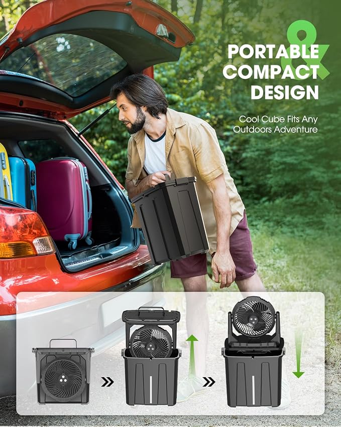 Portable Misting Fan - 9L Bucket, 10-inch Outdoor Fans for Patios/Camping/Beach/Golf etc., 20000mAh USB Rechargeable Battery