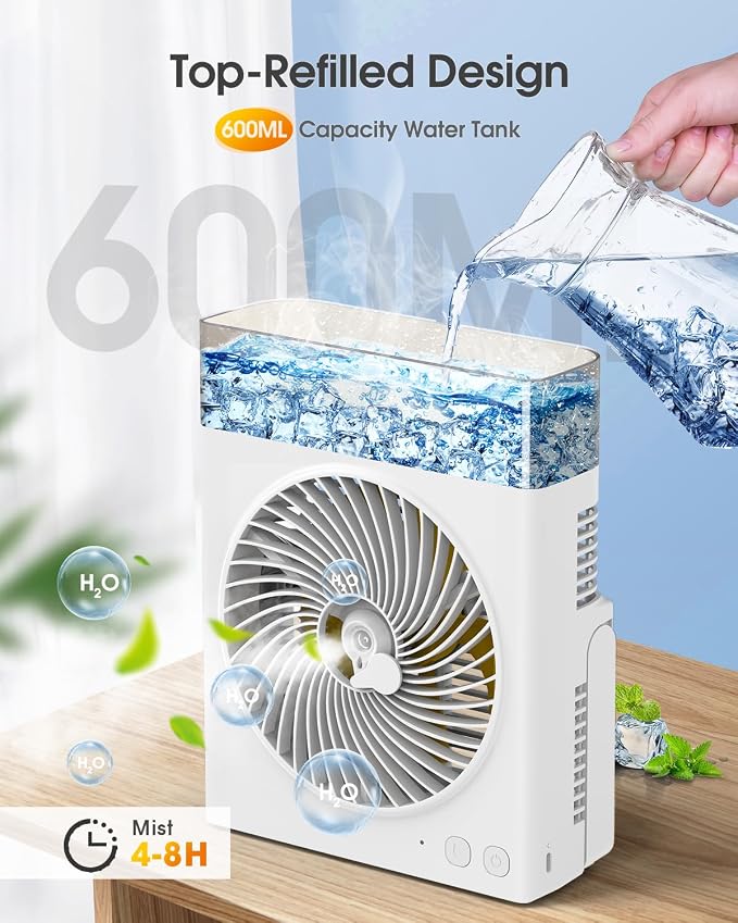 Portable Misting Fan,【Max 15H Runtime】 8-Inch Rechargeable Water Cooling Mist Fan with 600mL Water Tank, Quiet, alternate