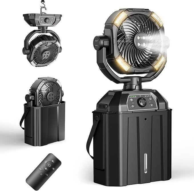 Portable Misting Fan Rechargeable for Hot Weather - 9-inch Auto Swivel Camping Fan with 25000mAh USB Battery as Power Bank