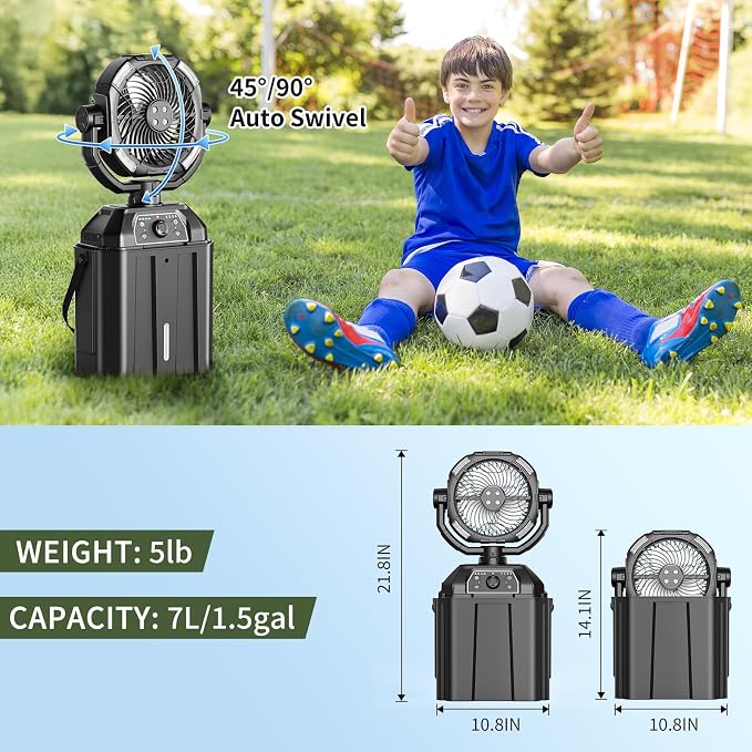 Portable Misting Fan Rechargeable for Hot Weather - 9-inch Auto Swivel Camping Fan with 25000mAh USB Battery as Power Bank