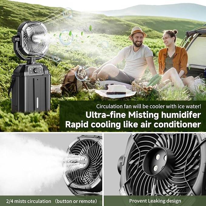 Portable Misting Fan Rechargeable for Hot Weather - 9-inch Auto Swivel Camping Fan with 25000mAh USB Battery as Power Bank