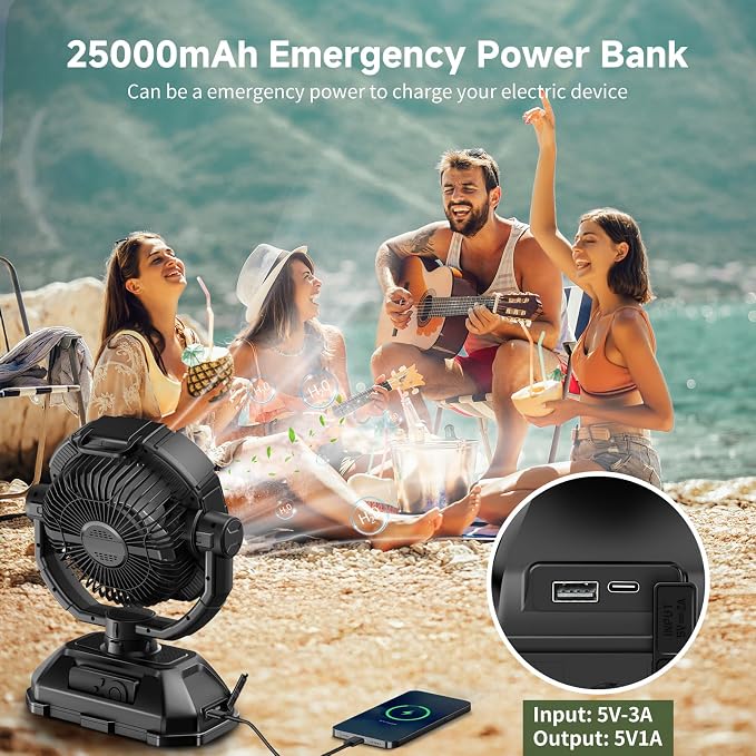 Portable Misting Fan Rechargeable for Hot Weather - 9-inch Auto Swivel Camping Fan with 25000mAh USB Battery as Power Bank