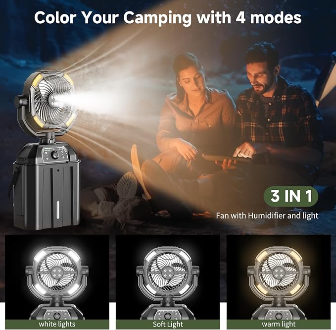 Portable Misting Fan Rechargeable for Hot Weather - 9-inch Auto Swivel Camping Fan with 25000mAh USB Battery as Power Bank