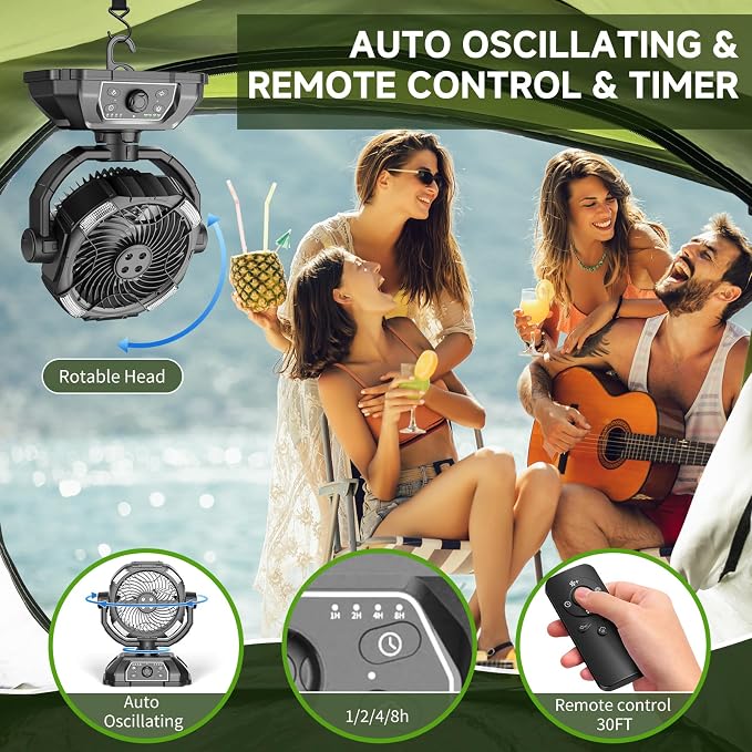 Portable Misting Fan Rechargeable for Hot Weather - 9-inch Auto Swivel Camping Fan with 25000mAh USB Battery as Power Bank