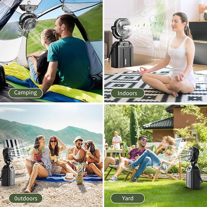 Portable Misting Fan Rechargeable for Hot Weather - 9-inch Auto Swivel Camping Fan with 25000mAh USB Battery as Power Bank