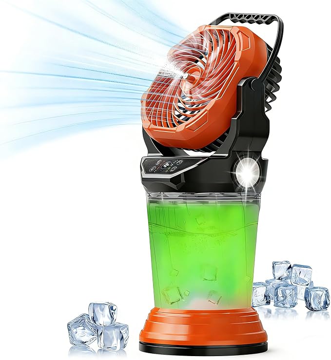 Portable Misting Fan Rechargeable Outdoor Camping Mist Fans with 2L Ice Water Tank, 4 Speeds, RGB Light, Timer & Flashlight