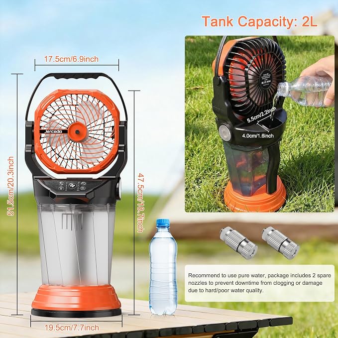 Portable Misting Fan Rechargeable Outdoor Camping Mist Fans with 2L Ice Water Tank, 4 Speeds, RGB Light, Timer & Flashlight