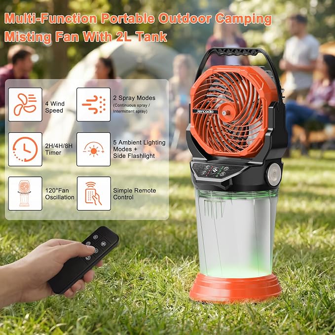 Portable Misting Fan Rechargeable Outdoor Camping Mist Fans with 2L Ice Water Tank, 4 Speeds, RGB Light, Timer & Flashlight